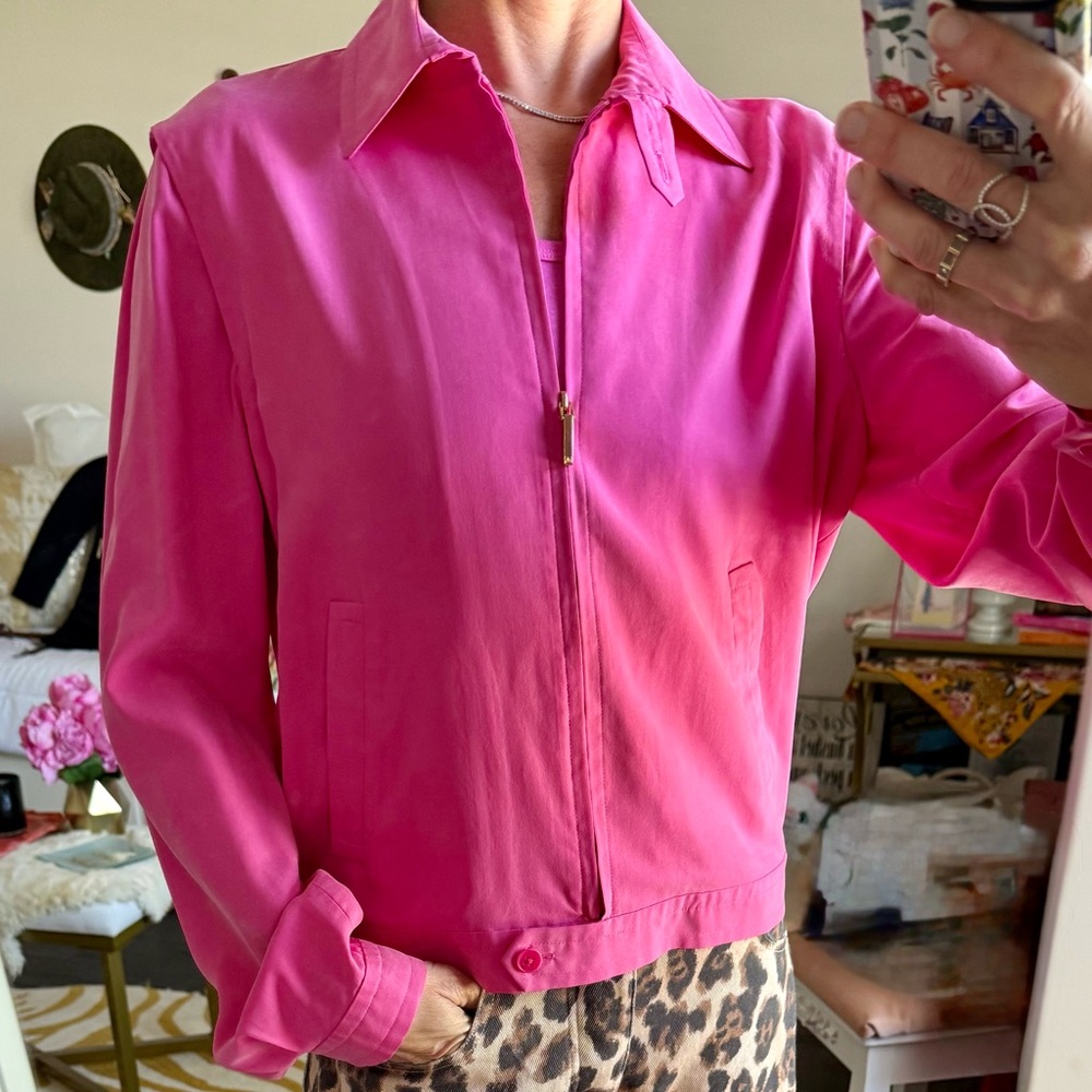 Vintage Ralph Lauren Silk Jacket Hot Pink Zip Front Lightweight Size M